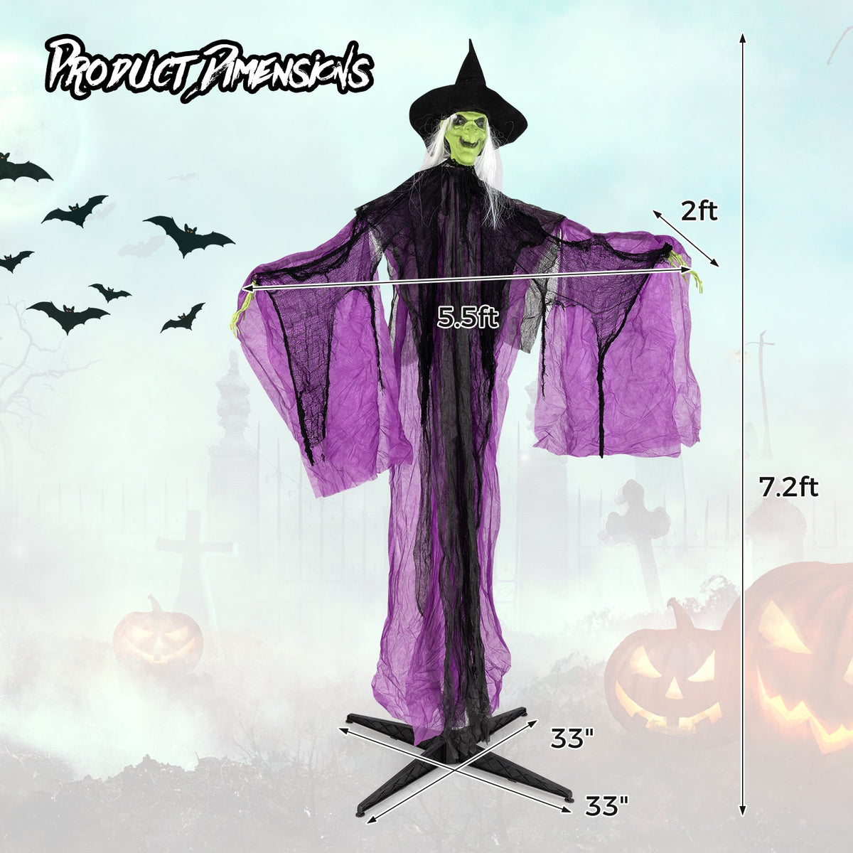 7.2 ft Witch with Lighted Eyes and Automatic Arm Movement
