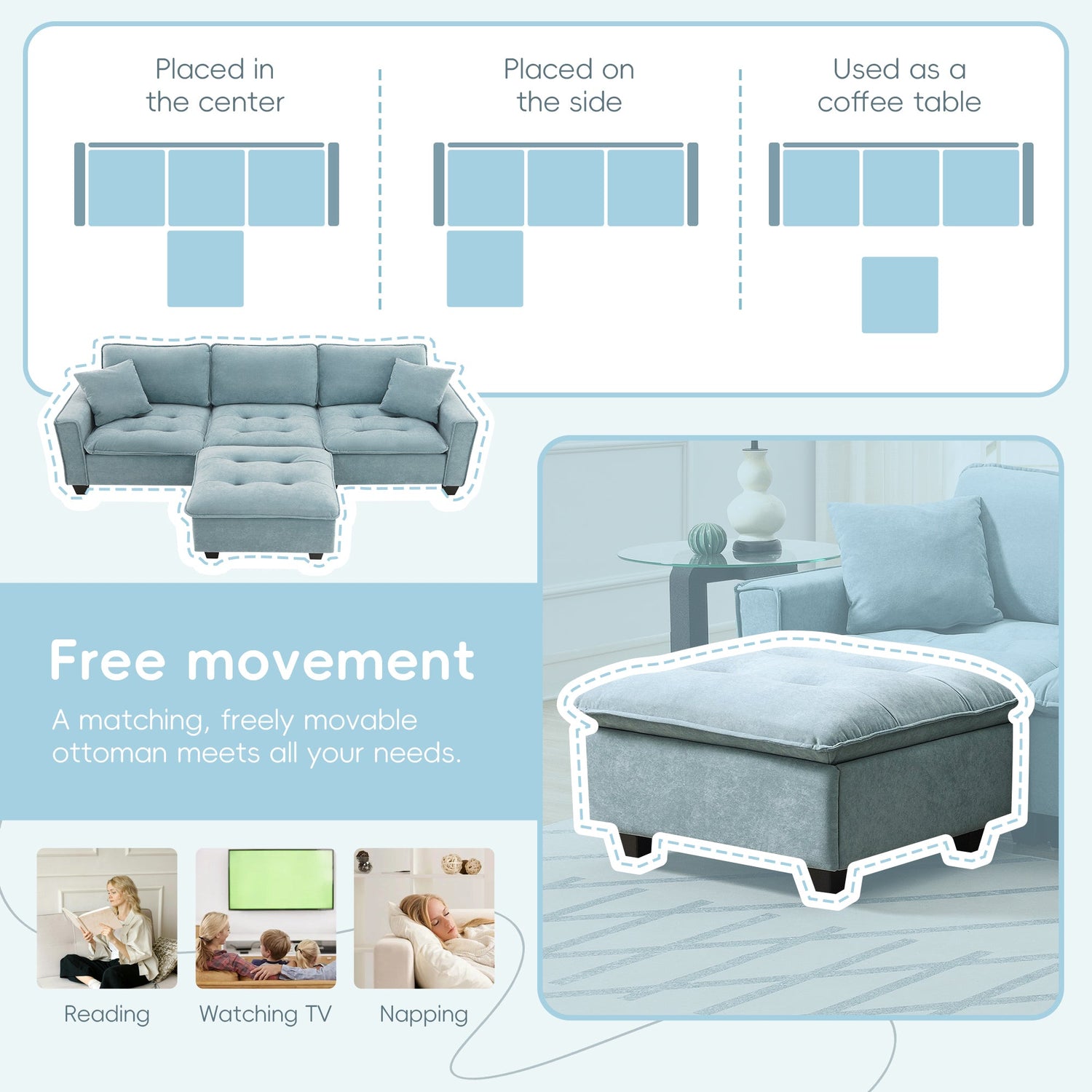 Modern Reversible Sofa Sectional in Sky Blue