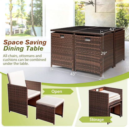 9 Piece Outdoor Space Saving Dining Set - Brown Rattan Chairs With Beige Cushions