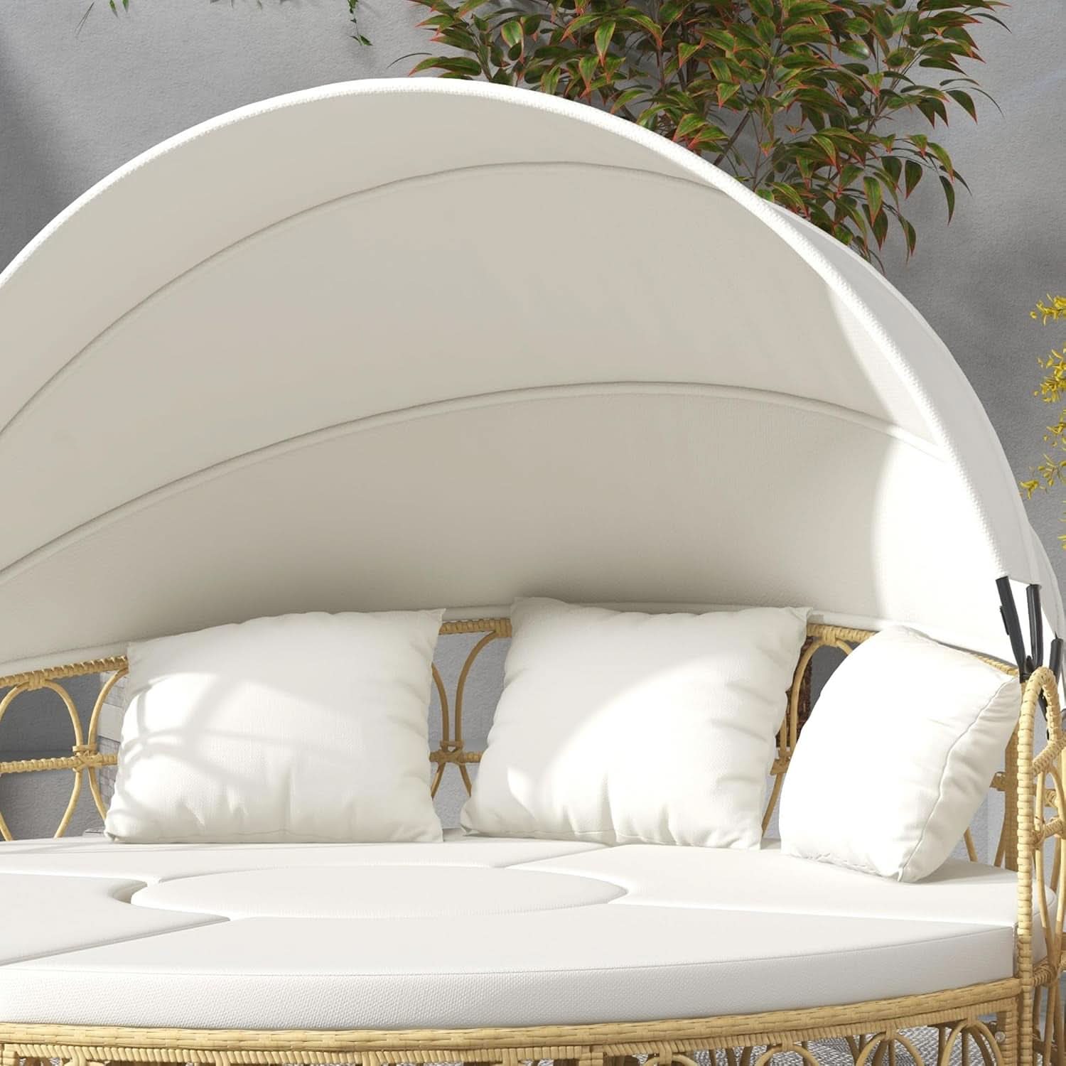 Round Outdoor Daybed Set with Canopy and Cushions - Beige