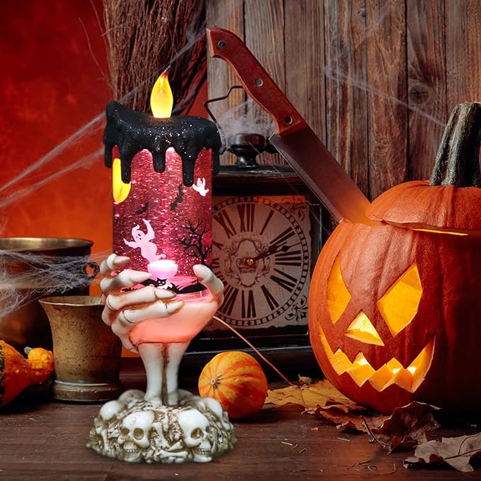 Battery Operated Spooky Spinning Tornado Candle w/ Skeleton Hand