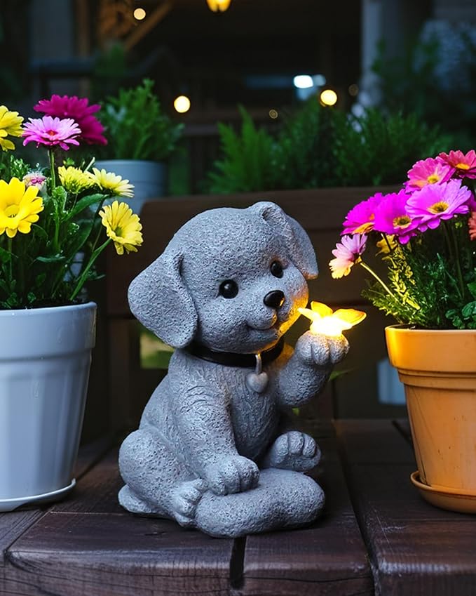Solar Garden Statue - Puppy with Butterfly
