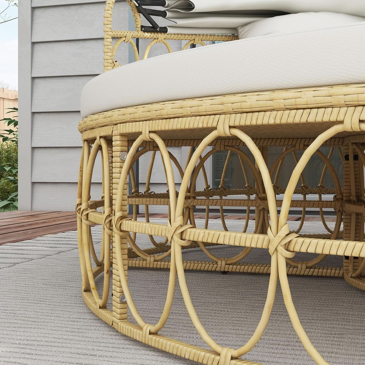 Round Outdoor Daybed Set with Canopy and Cushions - Beige