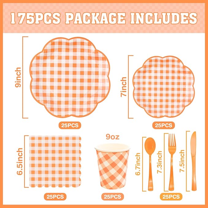 175 Pcs Orange and White Gingham Party Supplies - Serve 25 Guests