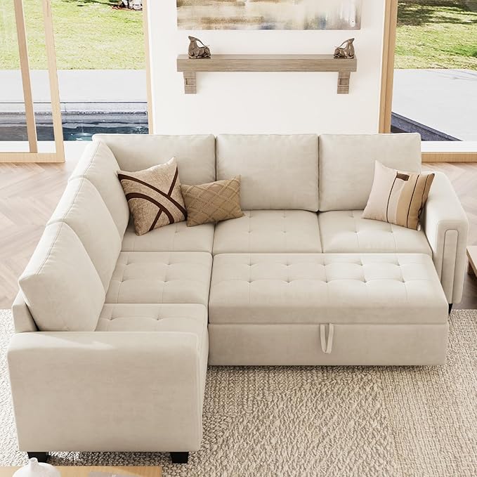 Belffin Modular Sectional Sleeper Sofa with Pull Out Couch Bed in Beige Velvet