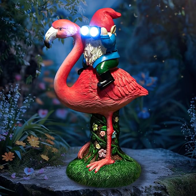 Solar Flamingo Gnome Garden Statue