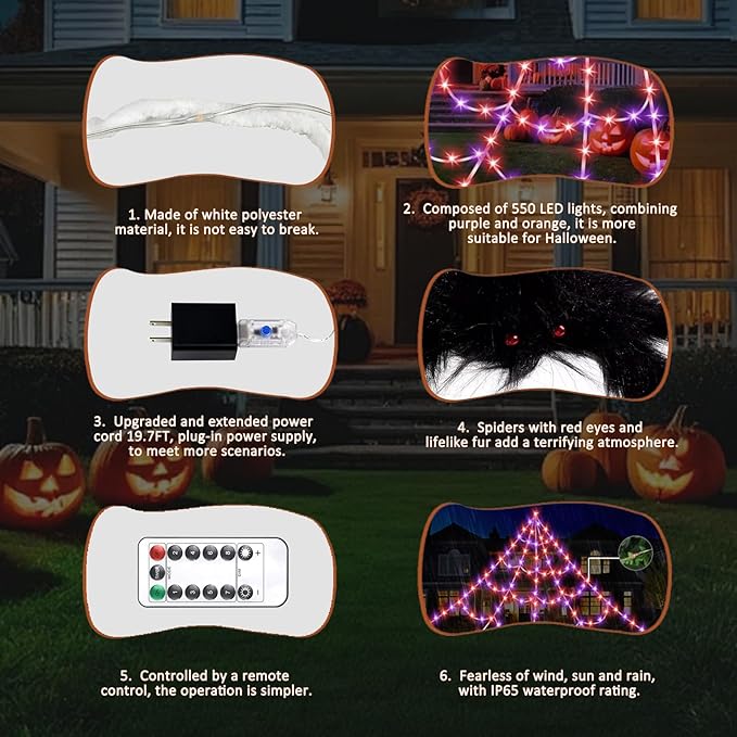 Halloween LED Lighted Spider Web - 16.4 ft Giant Halloween Decoration with 8 Lighting Modes, Orange &amp; Purple