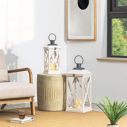 Set of 2 Modern Farmhouse Wooden Outdoor Lanterns - White (No Glass)