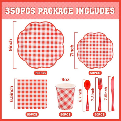 350 Pcs Red Gingham Plates and Napkins Party Supplies