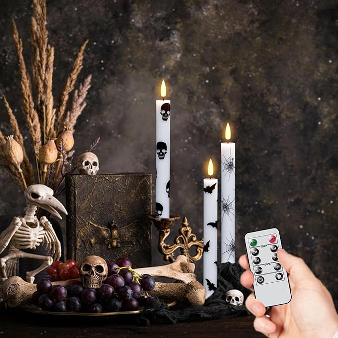 Set of 6 LED Flickering Halloween Taper Candles - Battery Operated, Real Wax with Spider Webs/Skull/Bats