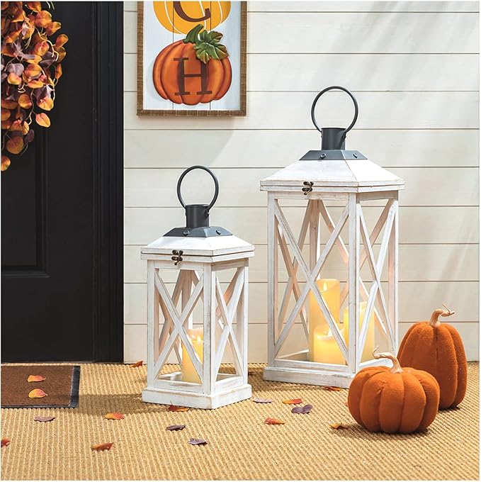 Set of 2 Modern Farmhouse Wooden Outdoor Lanterns - White (No Glass)