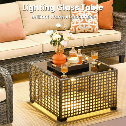 Modern 8 Piece Wicker Patio Set with Swivel Rocking Chairs and Sofa - Beige