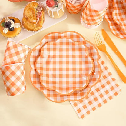 175 Pcs Orange and White Gingham Party Supplies - Serve 25 Guests