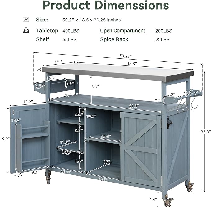 Outdoor Kitchen Island with Internal Storage Rack, Spice &amp; Towel Rack - Robin Blue