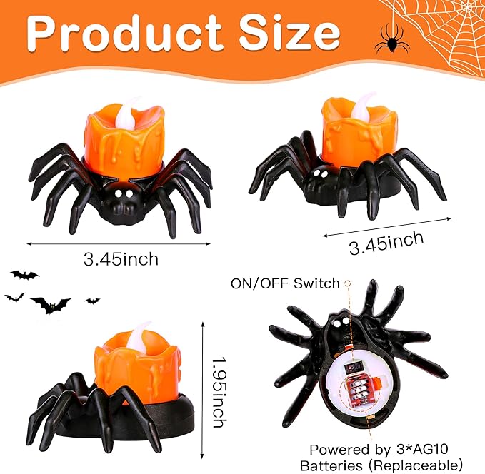 6 Pack Battery Operated LED Spider Tealight Candles for Halloween