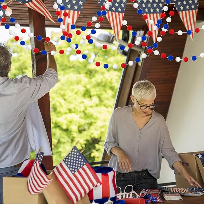 Patriotic Red White Blue Felt Ball Garland - Set of 3, 6.6ft Each