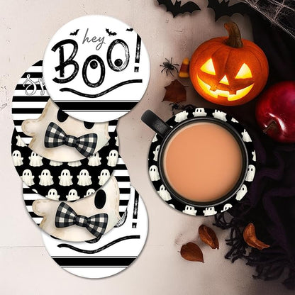 Set of 6 Halloween Hey Boo Black &amp; White Ceramic Stone Drink Coasters with Cork Base and Metal Holder