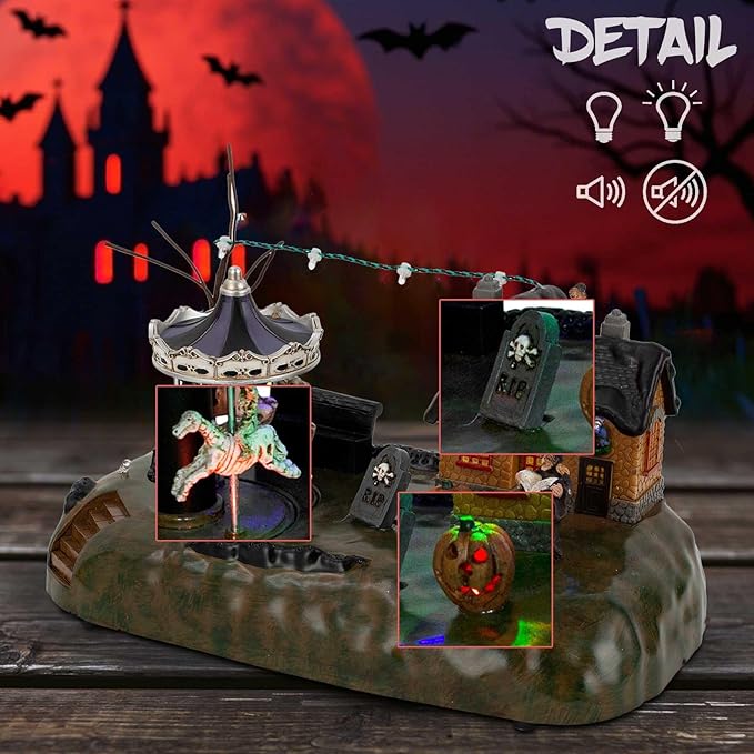Animated Halloween Village House with Merry-Go-Round and LED Lights - Battery Operated