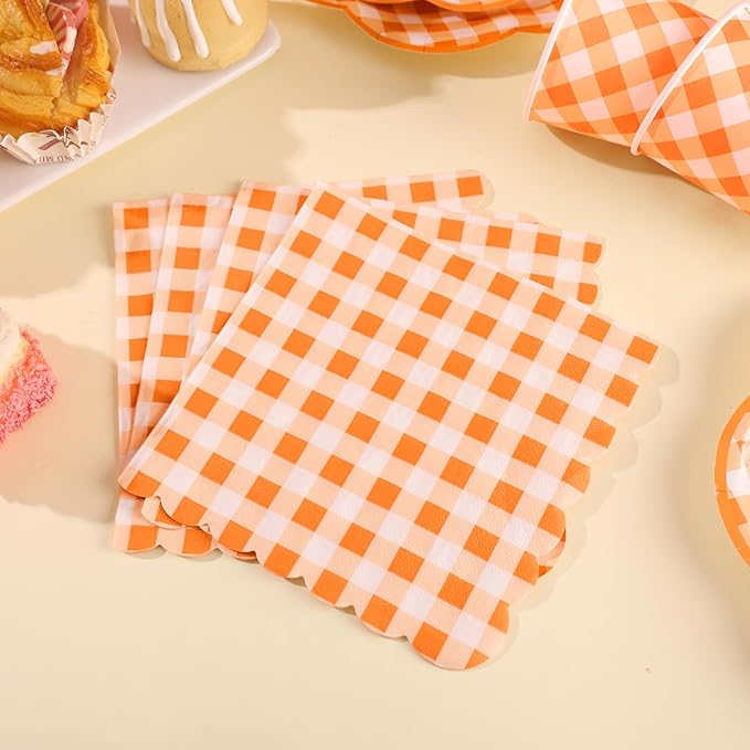 350 Pcs Orange and White Gingham Party Supplies - Serves 50