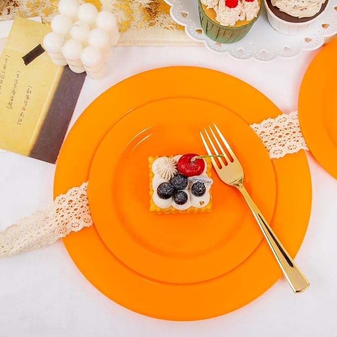 Set of 60 Heavy Duty Orange Plastic Plates Disposable for Halloween &amp; Thanksgiving Parties - Serves 30 Guests