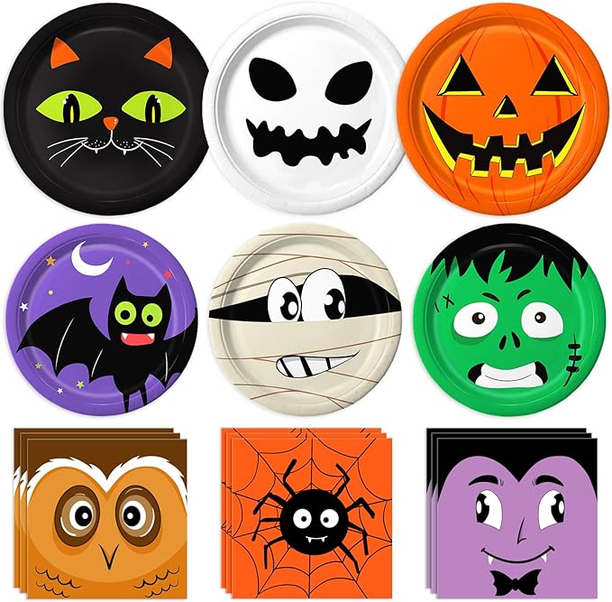 105 Piece Assorted Halloween Paper Plates &amp; Napkins - Serves 30