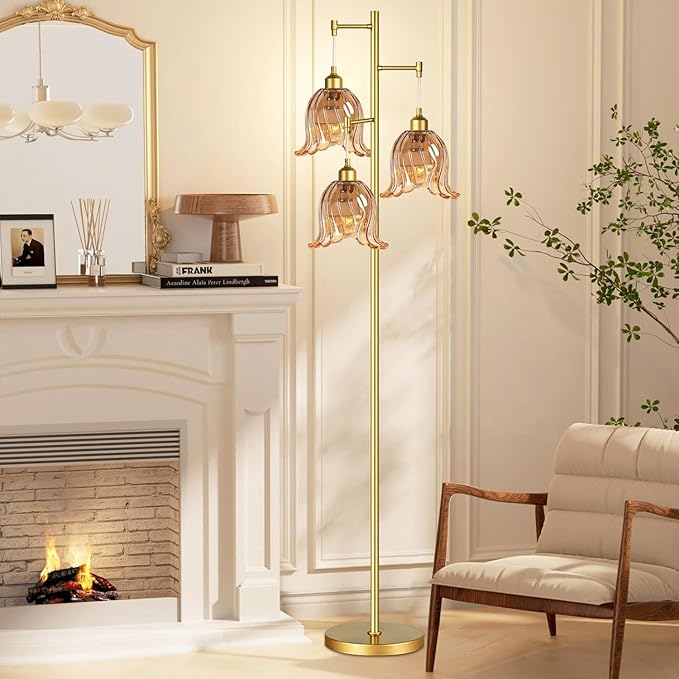 Brass Vintage-Style Floor Lamp with Glass Shades - Amber