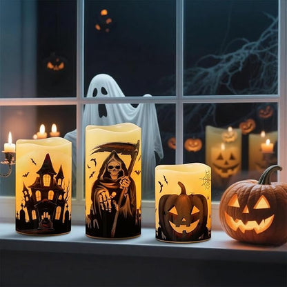 Set of 3 Halloween Flameless Flickering Candles with 6 Hour Timer  - Grim Reaper/Haunted House/Pumpkin