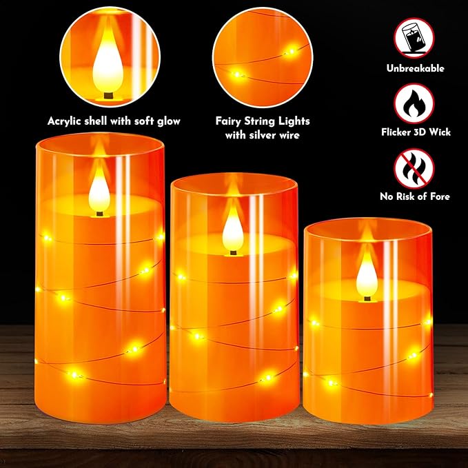 Set of 3 Flickering Flameless Candles with Remote Timer - Orange