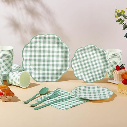 175 Pcs Sage Green Gingham Party Supplies - Serve 25 Guests