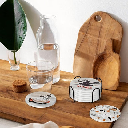 6 Piece Set Halloween Ceramic Drink Coasters with Metal Holder and Cork Base