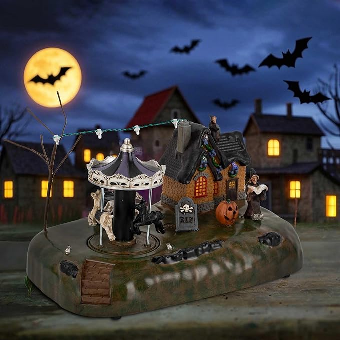 Animated Halloween Village House with Merry-Go-Round and LED Lights - Battery Operated