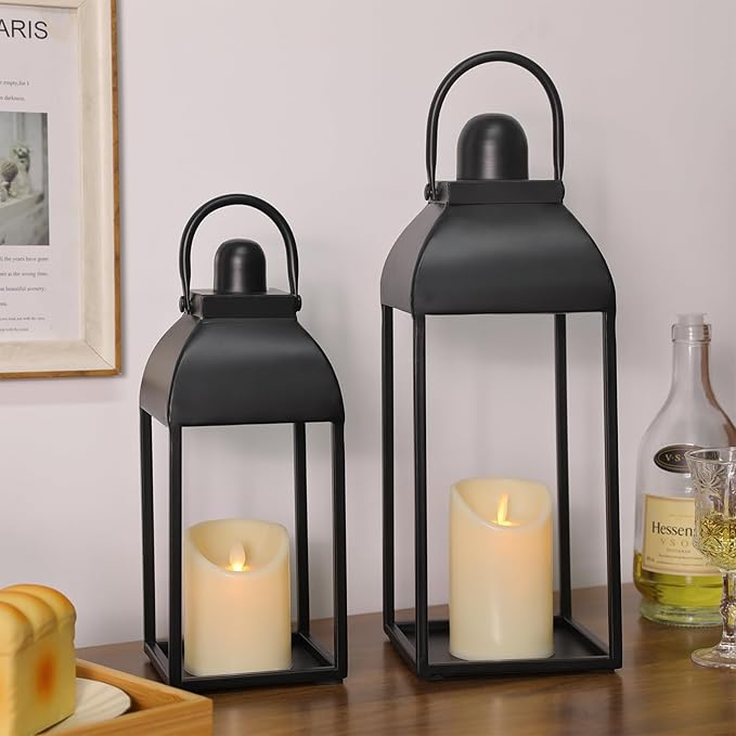 Set of 2 Modern Farmhouse Candle Lanterns - Black Metal