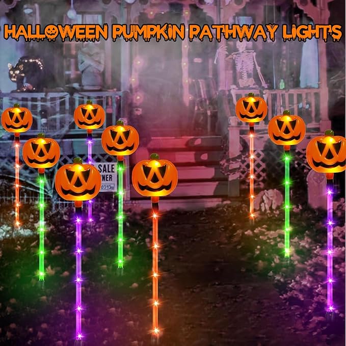 12 Pack Solar Halloween Pumpkin Lights - Orange/Purple/Green, Waterproof