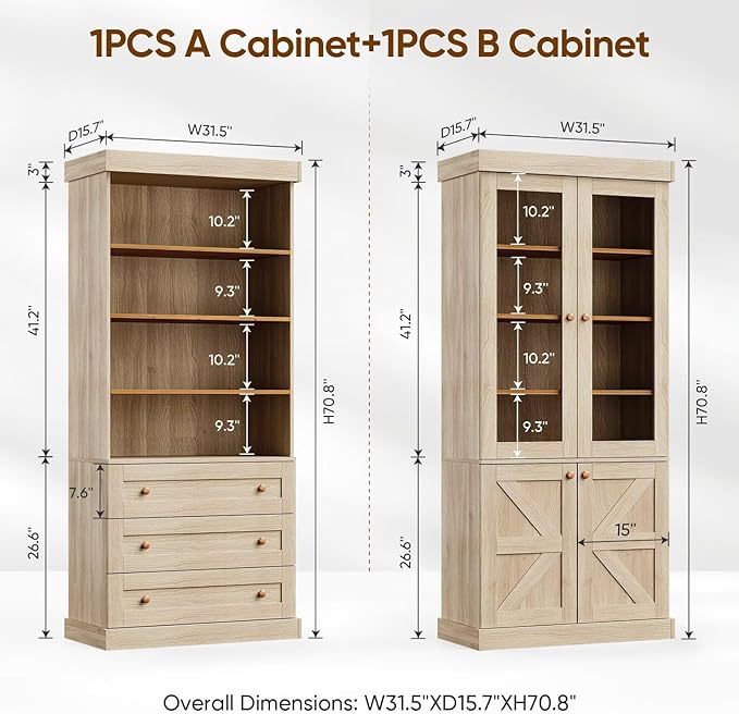 Farmhouse Bookcases with Glass Doors and Drawers, 2 Styles, Set of 4 – 2 of Each, Natural