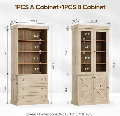 Farmhouse Bookcases with Glass Doors and Drawers, 2 Styles, Set of 4 – 2 of Each, Natural
