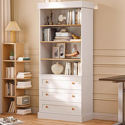 Tall Farmhouse Bookshelves with Drawers, Set of 3 – White