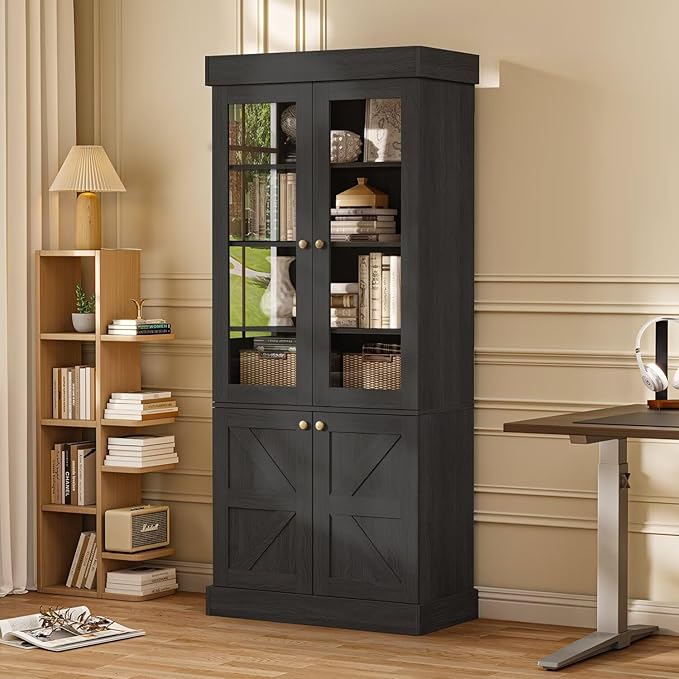 Farmhouse Bookcase with Glass Doors, Set of 3 – Black