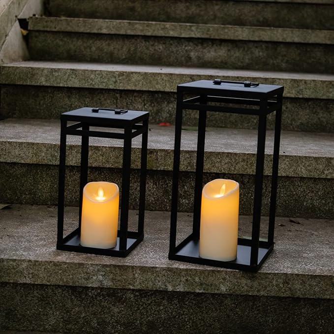 Modern Farmhouse Black Metal Lanterns w/ LED Timer and Flameless Candles - Set of 2
