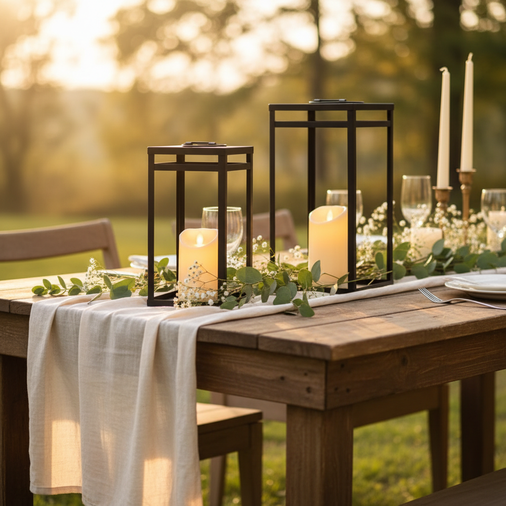 Modern Farmhouse Black Metal Lanterns w/ LED Timer and Flameless Candles - Set of 2