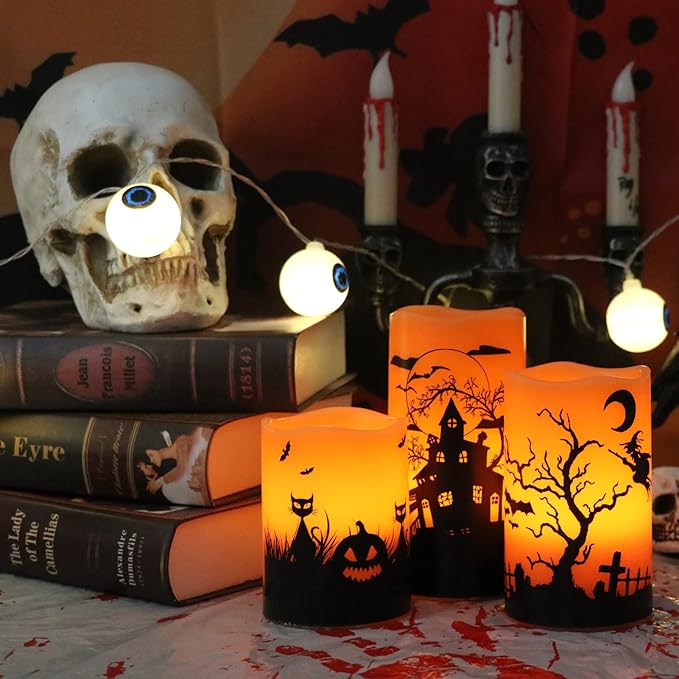 Flickering Flameless LED Candles with Timer - Set of 3, Halloween Scenes