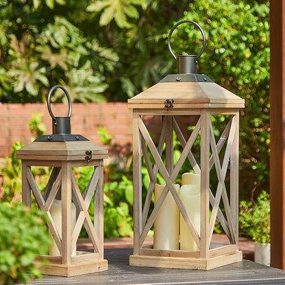 Set of 2 Modern Farmhouse Wood and Metal Lanterns - Natural (No Glass)
