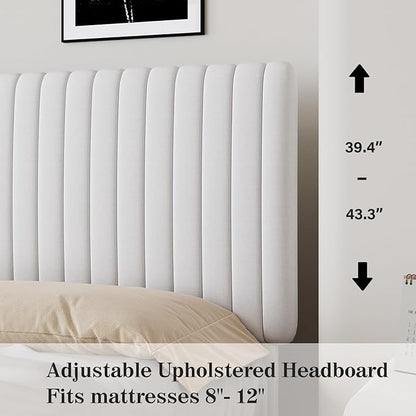 Queen Size Velvet Upholstered Platform Bed in White