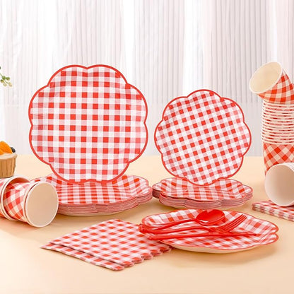 175 Pcs Red Gingham Plates and Napkins Party Supplies - Serve 25 Guests