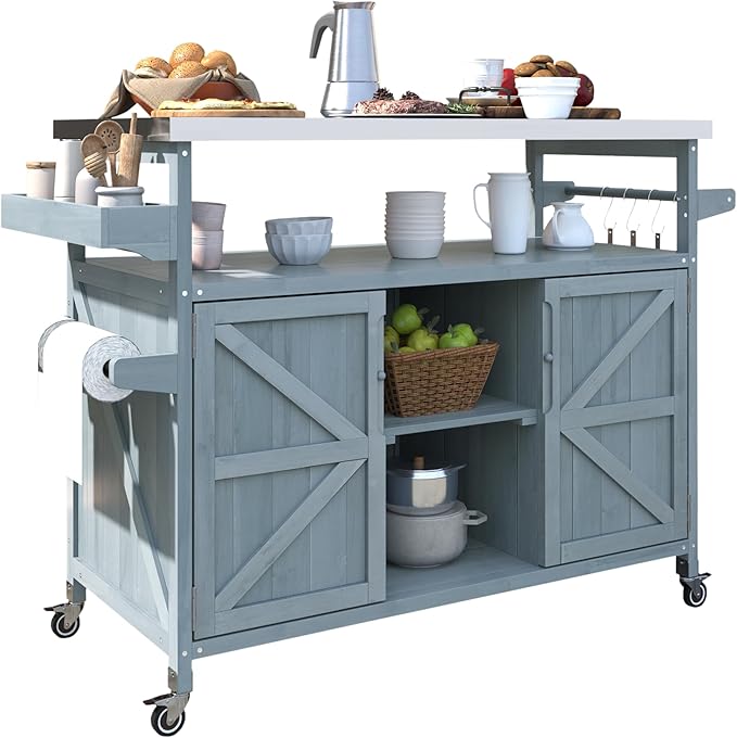 Outdoor Kitchen Island with Internal Storage Rack, Spice &amp; Towel Rack - Robin Blue