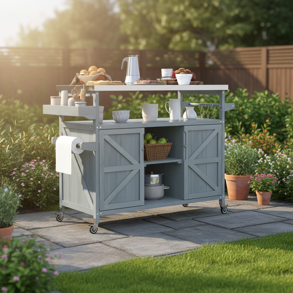 Outdoor Kitchen Island with Internal Storage Rack, Spice &amp; Towel Rack - Robin Blue