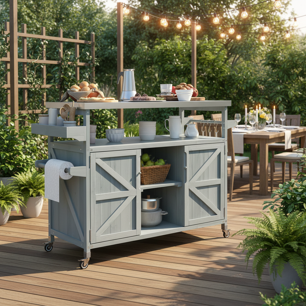 Outdoor Kitchen Island with Internal Storage Rack, Spice &amp; Towel Rack - Robin Blue