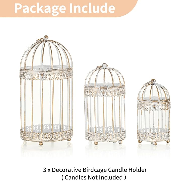 Set of 3 Distressed White Rustic Birdcage Pillar Candle Holders