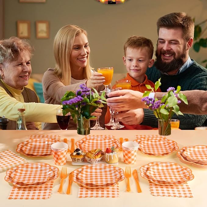 175 Pcs Orange and White Gingham Party Supplies - Serve 25 Guests