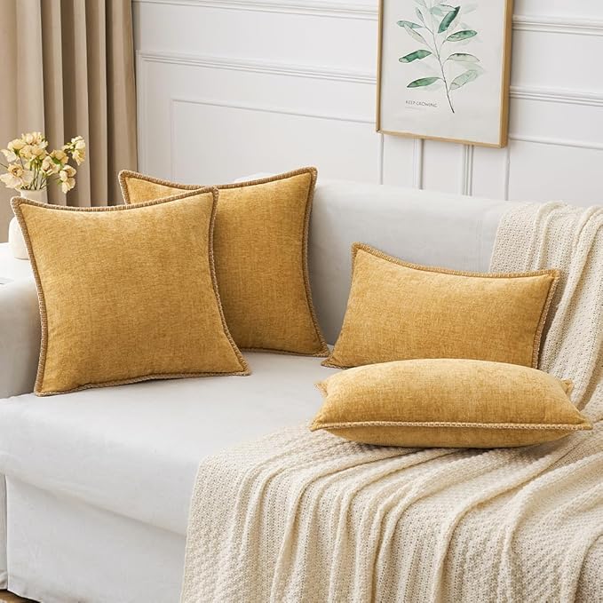 Set of 2 Stitched Edge Soft Chenille Pillow Covers - 12 x 20 inch,  Gold