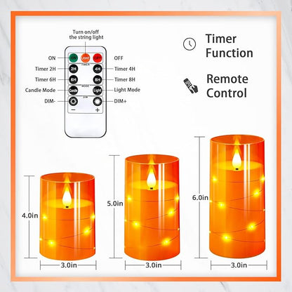 Set of 3 Flickering Flameless Candles with Remote Timer - Orange
